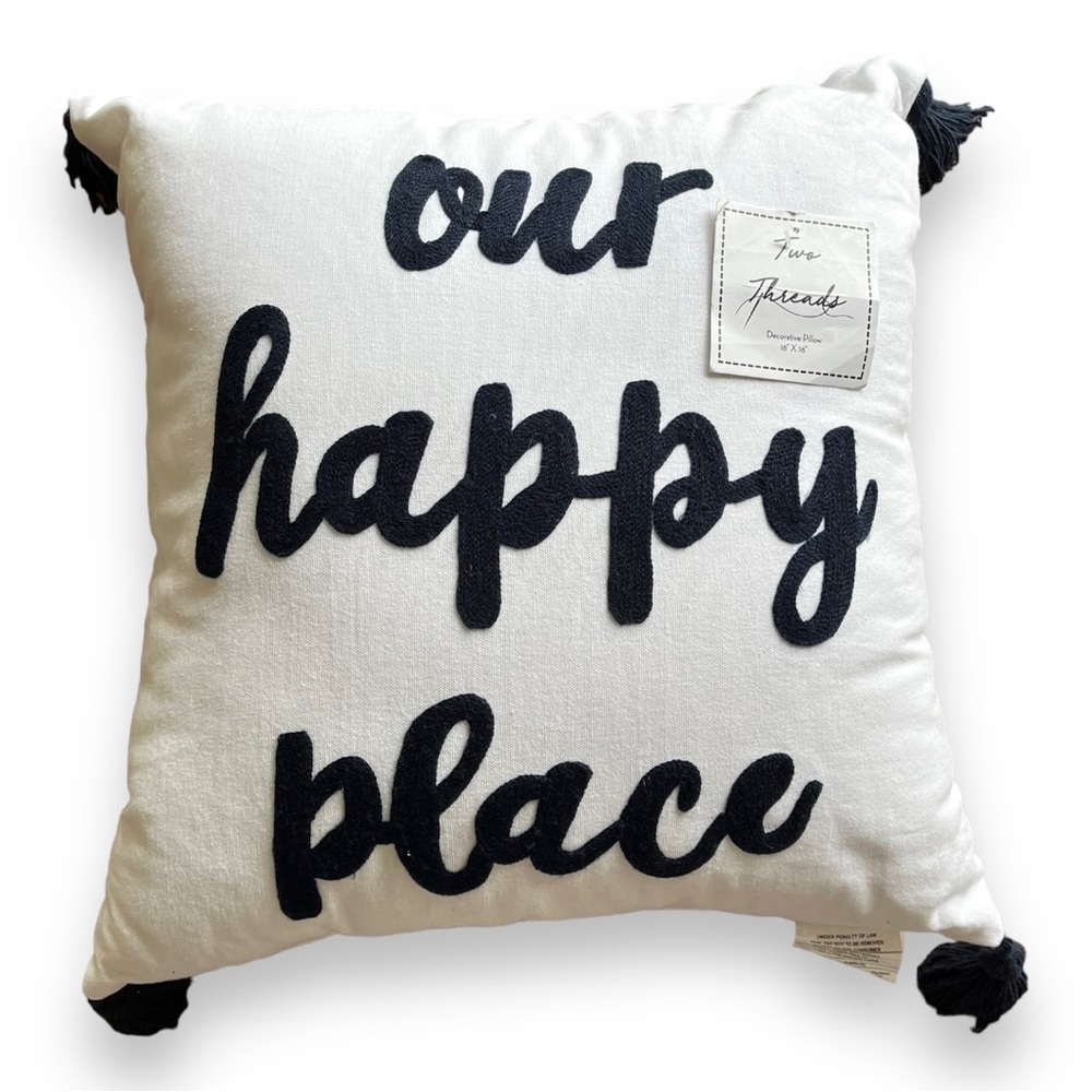 Our Happy Place 18” x 18” Decorative Throw Pillow by Two Threads in White & Navy